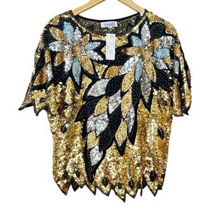 Isabelle Sequin‎ Black, Silver and Gold Flower Blouse Women’s Sz Large NEW